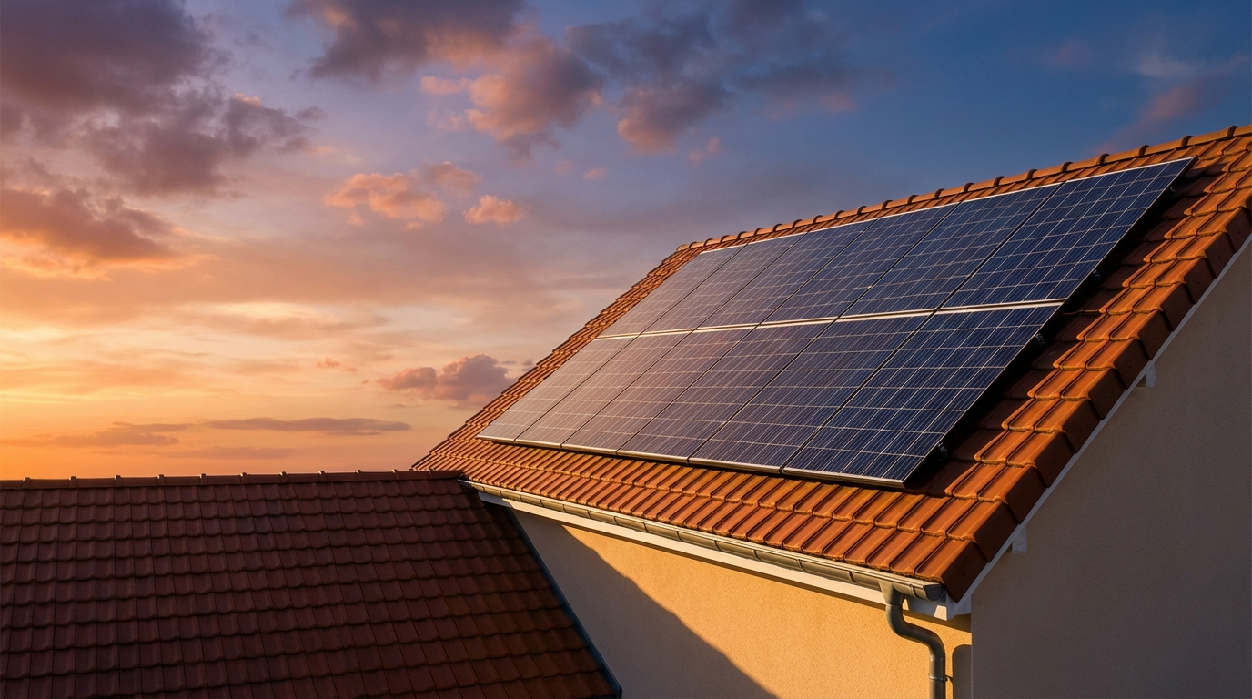 Panneaux solaires sur toiture au coucher du soleil — EOLTEC
